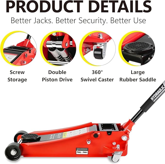 4 Ton Low Profile Floor Jack, Heavy Duty Floor Jack with Dual Pistons Quick Lift Pump, Steel Car Jacks Adjustable Height 4"-21", Hydraulic Trolley Floor Jacks 4 Ton/8000 LBS Capacity, Red