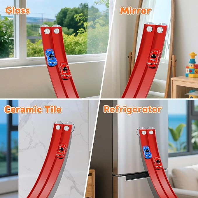 KETIEE Flex Tracks 16Ft for Kids: Flexible Race Car Ramp Track with 2 Small Racecars and 4 Suction Cups Compatible with Diecast 1/64th Cars, Rolls Up Portable Racetrack for Ages 3 & Up