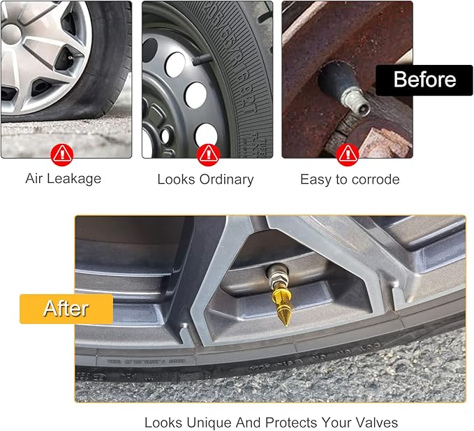SINGARO 45mm Spiked Aluminum Stem Valve Caps,4PCS Dustproof Tire Wheel Stem Caps for Cars,SUVs,Trucks Bicycles and Motorcycles(Gold)