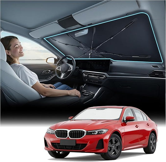 Nmoiss Windshield Sun Shade Umbrella for BMW - [Vinyl Coating Heat Shield] Protect Car from Sun Rays & Heat Damage Keep Cool and Protect Interior CX01-N2-T-BMW