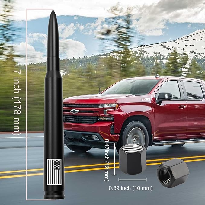 Car Truck Bullet Antenna with Tire Valve Caps American Flag Universal Short Replacement for GMC Sierra Chevy Silverado Dodge Ram 1500 2500 3500 Ford F150 F250 F350 Super Duty Raptor, Matte Black, 7"