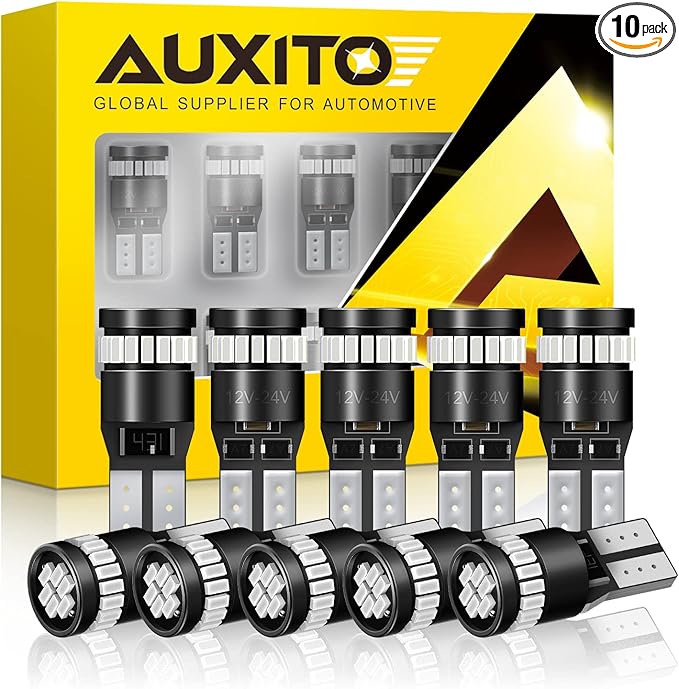 AUXITO 194 LED Light Bulb Blue 168 2825 W5W T10 Wedge 24-SMD 3014 Chipsets Error Free LED Replacement Light Kit for Car Interior Map License Plate Lights Dome Lights Marker Lights, Pack of 10