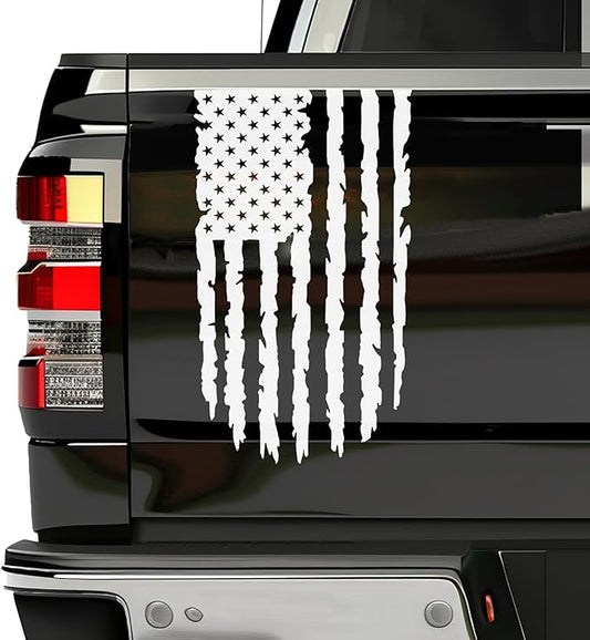 GRITKULTURE Distressed American Flag Vinyl Decal 17 inches by 9 inches for Trucks, Cars, and Windows Compatible with Most Pickup- Rear Graphic USA, US Flag Car Sticker (White)