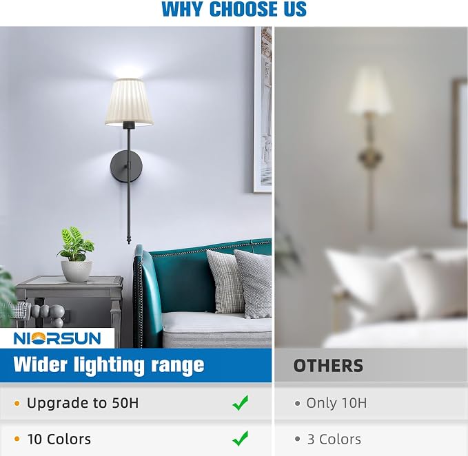 NIORSUN Battery Operated Wall Sconce Set of 2,Beige-Black Rechargeable Wall Lights with 10400mAh Dimmable Bulbs and Remote, 9 Colors Wireless Wall Lamps for Bedroom Living Room Hallway