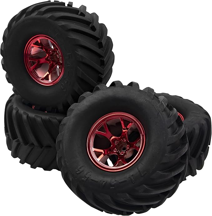5.31''OD Rubber Tires & Wheel Rim 12mm Hex Hub Compatible with Traxxas Rustler HPI HSP Volcano Tamiya Exceed Himoto 1/10 Off-Road Monster Truck,135mmx73mm (Red)
