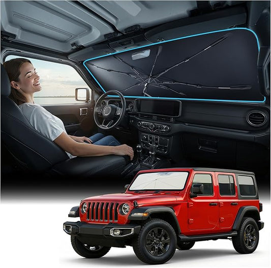 Nmoiss Windshield Sun Shade Umbrella for Jeep - [Vinyl Coating Heat Shield] Protect Car from Sun Rays & Heat Damage Keep Cool and Protect Interior, Spring Structure Edge