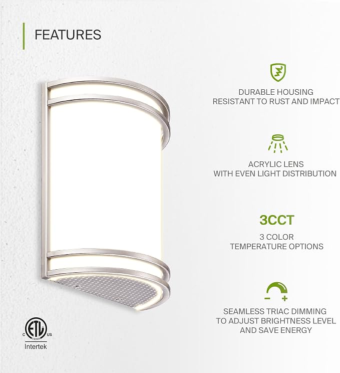 ASD Indoor LED Wall Sconce Lights - 10 Inch 15W Brushed Nickel Modern LED Wall Sconces Hardwired - ETL Dimmable 3000K 4000K 5000K Adjustable Sconce Light Fixture for Bedroom, Hallway