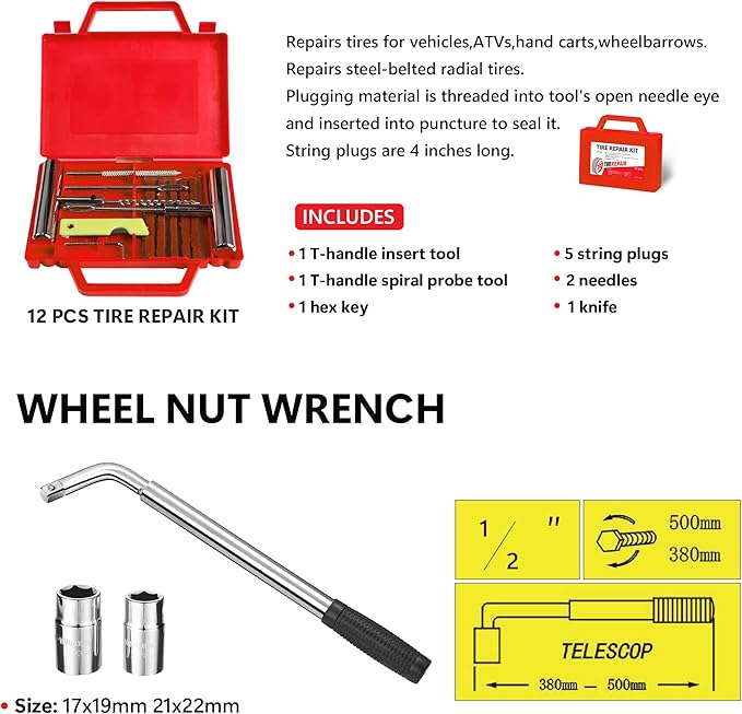 5 Piece Car Truck Floor Jack Service, Hydraulic Trolley Floor Jack & Jack Stands & Tire Repair Kit & L-Wrench for Garage, Repair Shop, DIY, Lift Range 3.3"-15.2", 2 Ton/4000 LBS Capacity, Red