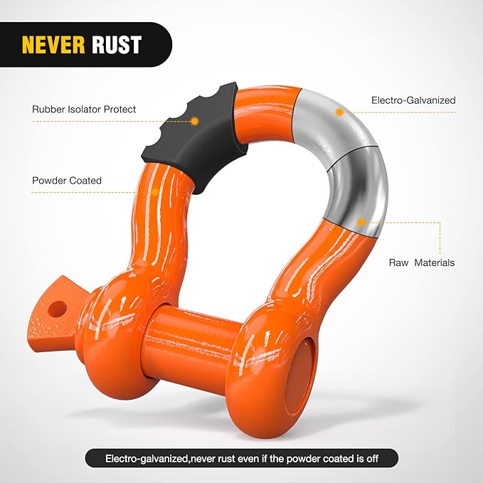 Nilight 2 Pack 3/4" D-Ring Shackle 4.75 Ton (9500 Lbs) Capacity with 7/8" Pin Heavy Duty Off Road Recovery with Isolators & Washer Kit for Jeep Truck Vehicle, Orange (90051B)