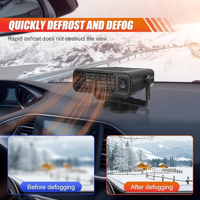 Car Heater, 12V 150W Fast Heating Windshield Defogger and Defroster, 2 in 1 Portable Heating & Cooling Fan, 360° Rotatable Heater with Plug-in Cigarette Lighter (Black)