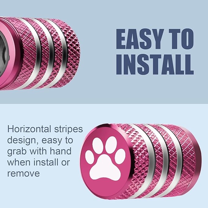 Tire Valve Stem Caps Cover - (5 Pack) Tire Air Caps Metal with Plastic Liner Corrosion Resistant Leak-Proof Dog Paw Print for Car Truck Motorcycle Bike Pink