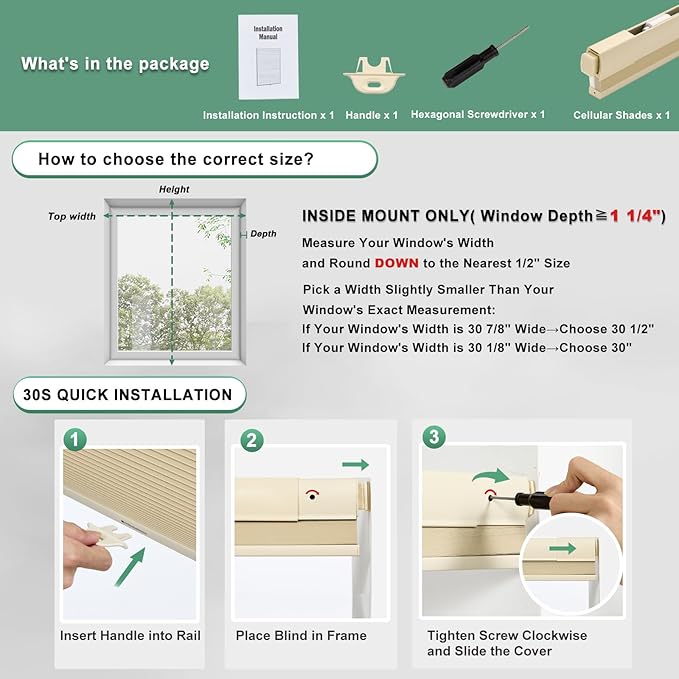 Tonature No Drill Cellular Shades for Indoor Windows, Thermal Insulating & Noise Reducing Honeycomb Blinds, Free Stop Cordless Light Filtering Shades, Beige,31" W x 64" H