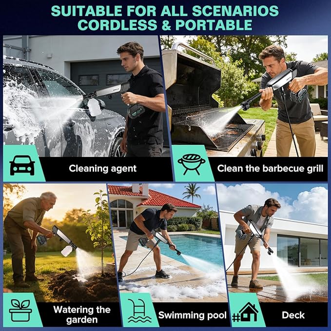 Cordless Pressure Washer Battery Powered;1100PSI Portable Cordless Power Washer,with Brushless Motor,2 Packs Battery&Charger,6-in-1 Nozzle, Foam Cannon, Electric Power Cleaner for Car, Garden, Home