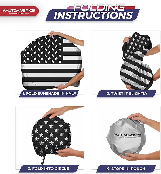Autoamerics Truck Windshield Sun Shade with Storage Pouch & Anti-Slip Dashboard Pad - Foldable B&W American Flag Design Sunshade - Blocks Max UV Rays, Keeps Vehicle Cool | X-Large (66 x 36 inches)