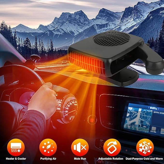 Portable Car Heater and Defroster That Plugs into Cigarette Lighter for Car 12V 200W Fast Heating and Cooling Fans for Car Hidden Handle 360 Degree Car Heaters for Vehicle