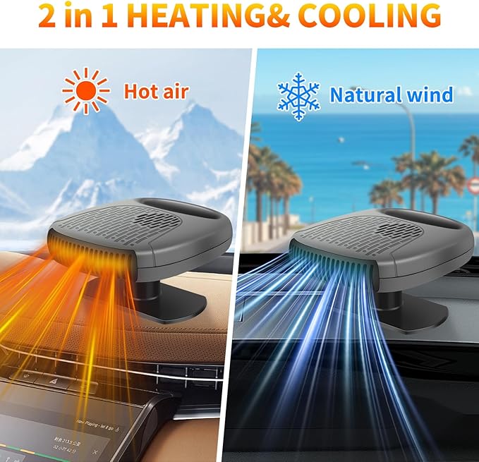 12V Portable Car Heater & Defroster – 120W Turbo Fast Heating/Cooling, 360° Adjustable, Plug & Play for Cars/SUVs/RVs – Dual Defog & Fog-Free Driving-grey