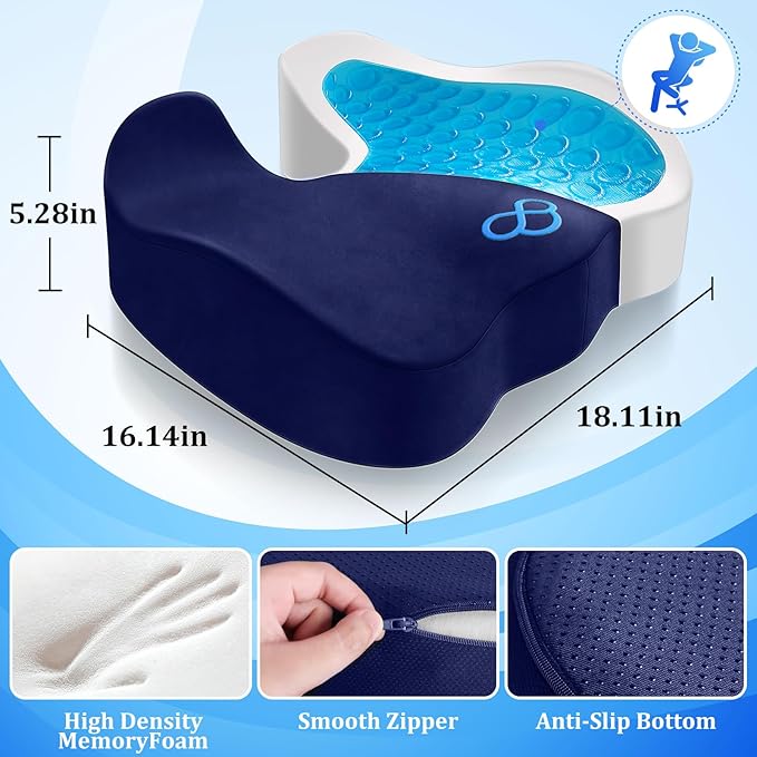 CushyOasis Seat Cushion, Gel Chair Cushions, Office Chair Cushions, Anti-Slip Bottom & Removable Cover Tailbone Pain Relief Cushion, Memory Foam Seat Cushion, 5.28 in Thick (Blue)