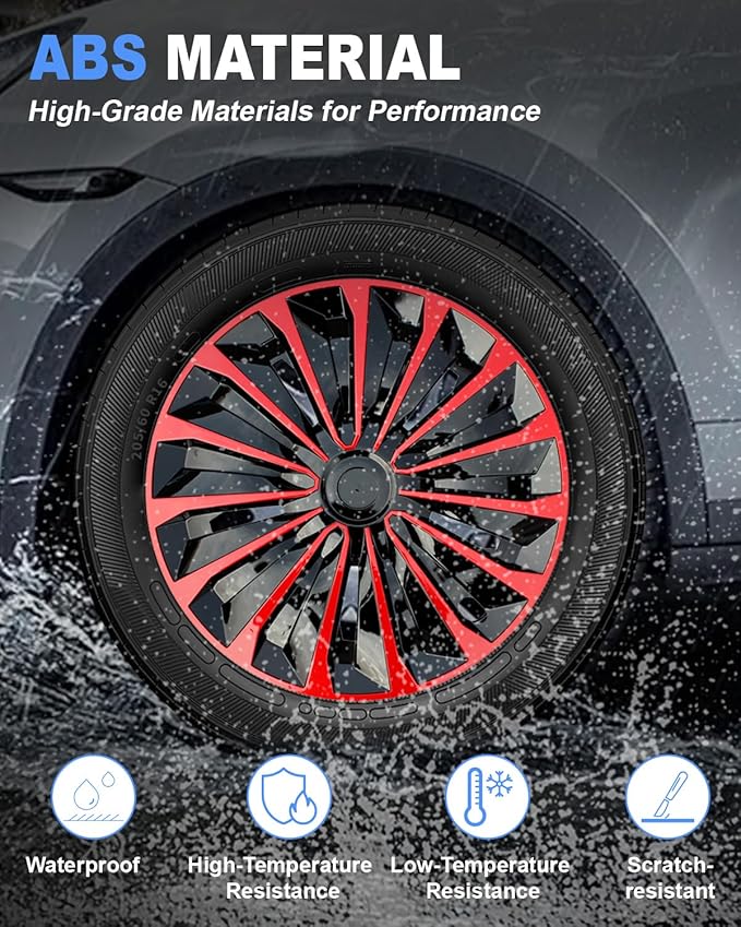 ABX Hubcaps,16 inch hubcaps Set of 4, Wheel Rim Cover ABS Material, Snap On Car Truck SUV Replacement, for Toyota Camry Nissan Mazda etc, Black&Red