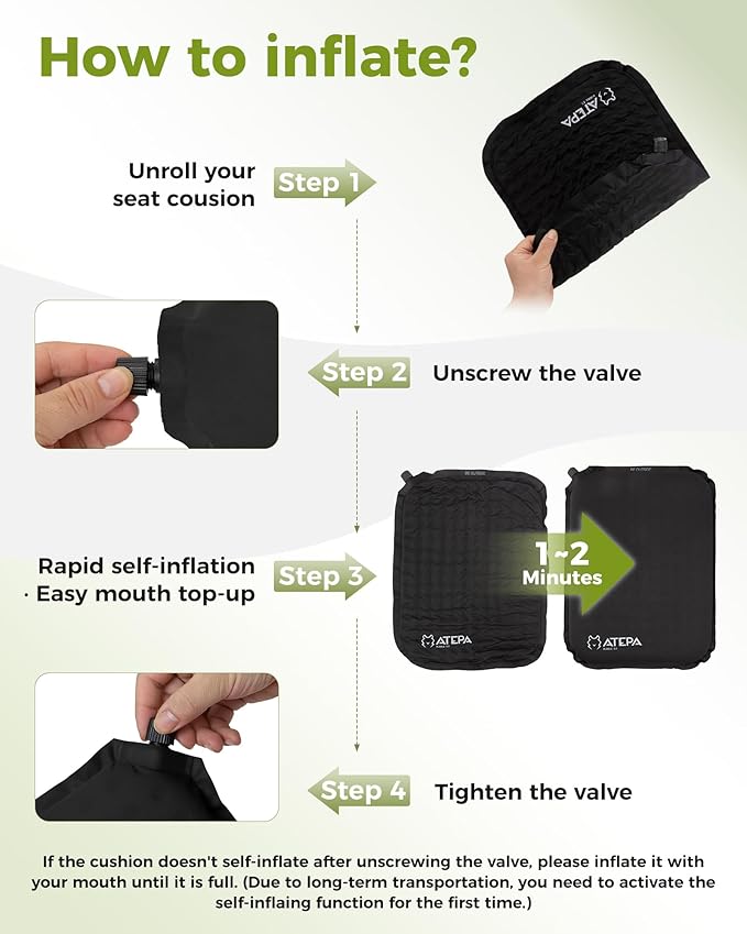 ATEPA Inflatable Seat Cushion, Compact Self-Inflating Seat Cushion for Stadium Airplane Air Travel Bleacher Camping, Blow Up Foam Seat Pad for Outdoor Sports Events Backpacking Hiking Sitting