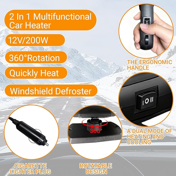 12V 200W Car Heater and Fan, Portable Dual Mode car heater Defroster Defogger, 360° Adjustable Vent for Interior Comfort, Easy Plug-in Installation