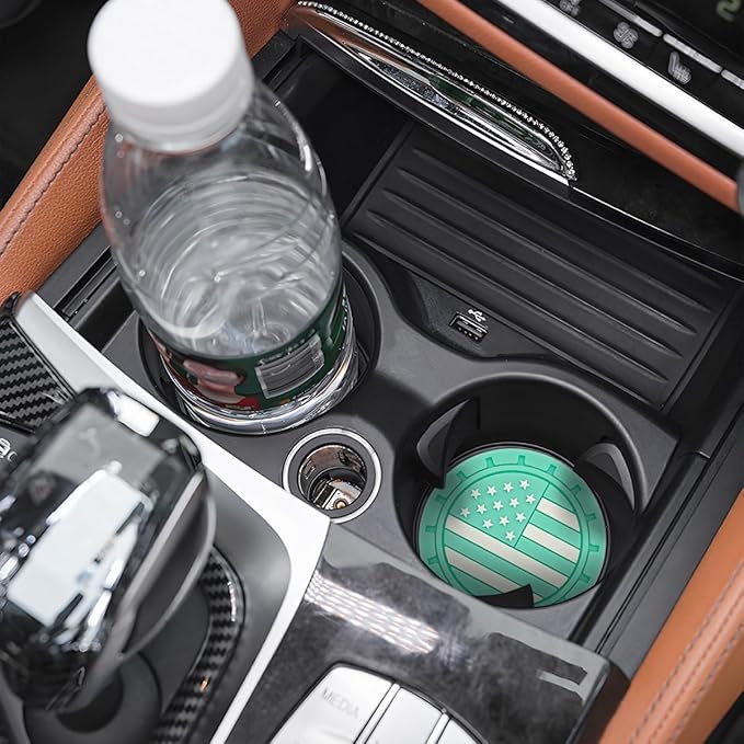AUCELI 2 Pack Car Cup Holder Coasters, Colored American Flag US Flag Insert Car Cup Coaster, 2.75 Inch Anti Slip Shockproof Embedded Drink Mat, Vehicle Interior Decor Accessories