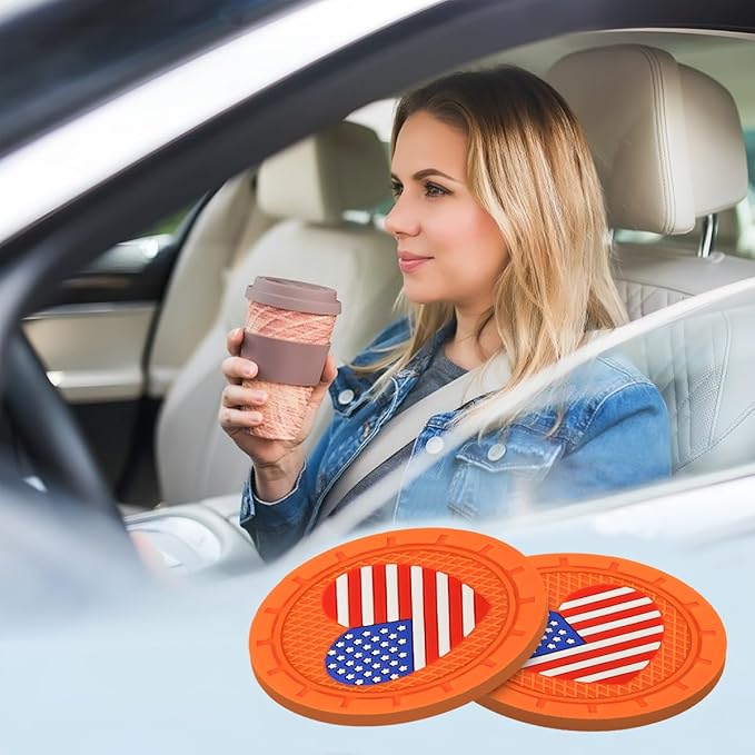 AUCELI 4 Pack Car Cup Holder Coasters, Colored American Flag US Flag Insert Car Cup Coaster, 2.75 Inch Anti Slip Shockproof Embedded Drink Mat, Vehicle Interior Decor Accessories