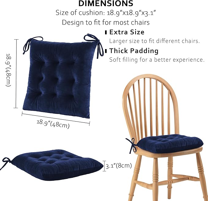 ELFJOY Set of 4 Square Chair Pads Indoor Seat Cushions Pillows with Ties Thick Soft Seat Cushion for Kitchen Dining Office Chair (18.8", Navy)