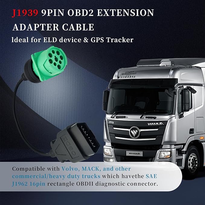 OBD2 to J1939 Green Type 2 Adapter Cable for Heavy Duty Trucks and Commercial Vehicles with 9 Pin to 16pin OBD II Truck Diagnostic Connector, Male