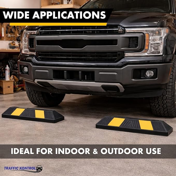 Parking Stopper Block for Garage or Parking lot – 20” Long 50 Pcs Bulk Wholesale Pack Reflective Heavy Duty Rubber Bumper Block Car Wheel Stop, Yellow & Black Tire Curb Barrier