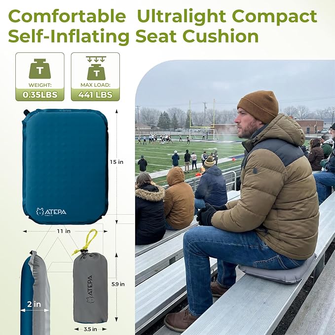 ATEPA Inflatable Seat Cushion, Compact Self-Inflating Seat Cushion for Stadium Airplane Air Travel Bleacher Camping, Blow Up Foam Seat Pad for Outdoor Sports Events Backpacking Hiking Sitting