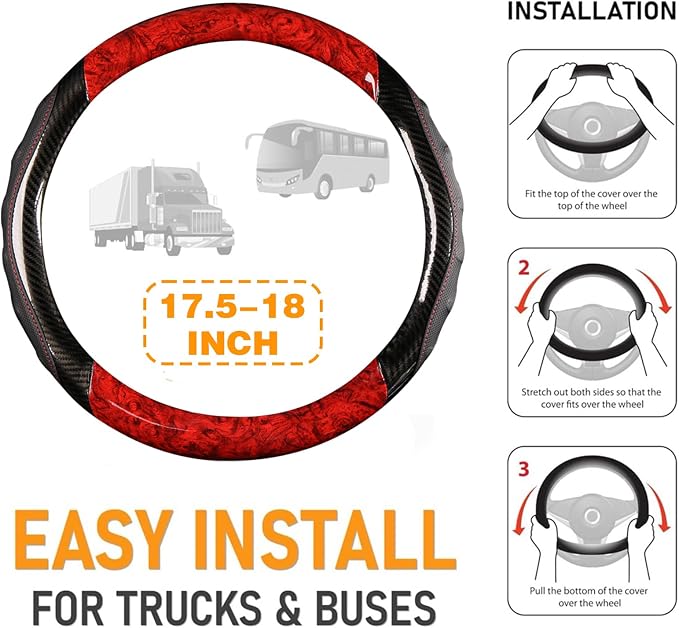 Heavy Duty Truck Steering Wheel Cover 17.5-18 Inch, Carbon Fiber with Anti-Slip Grip, X-Large Wheel Protector for Commercial Semi-Trucks, Buses and RVs (Red/Black) | Fits most 17.5-18 in semi truck, bus and RV wheels; X-large heavy duty cover with anti...