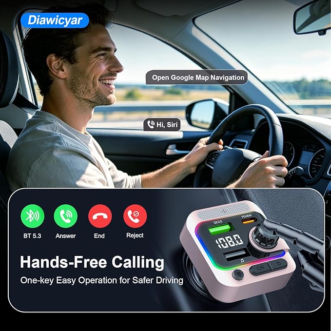 FM Transmitter Bluetooth Car Adapter - 63W Wireless Radio FM Bluetooth Transmitter with Deep Bass Player for Old Cars [PD 45W & QC3.0], Car Charger USB C Fast Charge, Hands-Free Calling, Pink