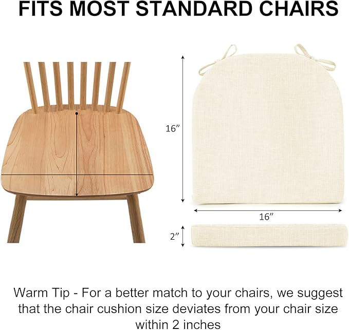 Wellsin Chair Cushions for Dining Chairs 4 Pack - Kitchen Chair Cushions with Ties and Non-Slip Backing - Dining Chair Pads 16"X16"X2", Beige
