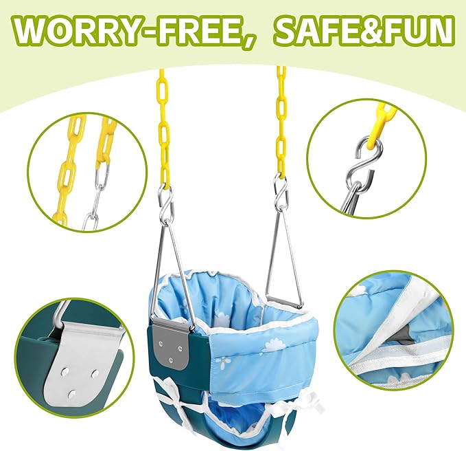 High Back Full Bucket Toddler Swing Seat with Yellow Coated Chains Fully Assembled Baby Swing Set Accessories