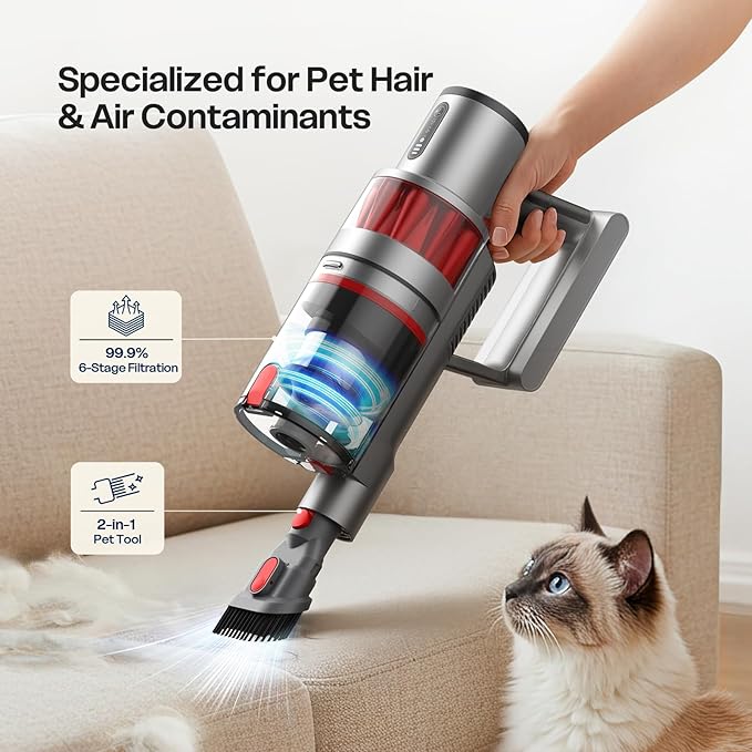 Cordless Vacuum Cleaner, 600W/50KPA, Stick Vacuum with Rechargeable Design, Up to 60 Minutes, Powerful Suction, Lightweight, Vacuum Cleaner for Home/Pet Hair/Carpet/Hard Floor, Grey