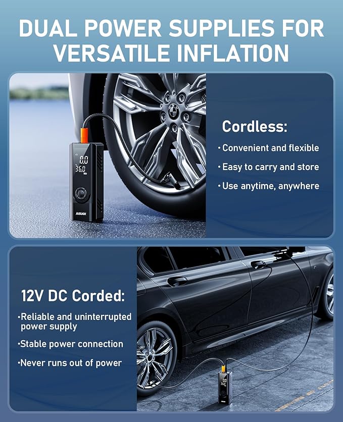 Tire Inflator Portable Air Compressor, Battery & 12V DC Dual Power Air Pump for Car Tires, 150PSI Cordless Bike Tire Pump with Digital Pressure Gauge, LED Light, for Motorcycle, Ball