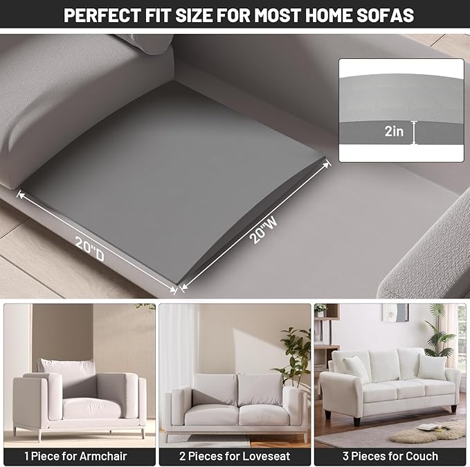 Couch Cushion Support for Sagging Seat, 20"x20"x2" 40D High Density Curved Foam Sofa Cushion Support, Under-Cushion Sag Repair,Grey Set of 2