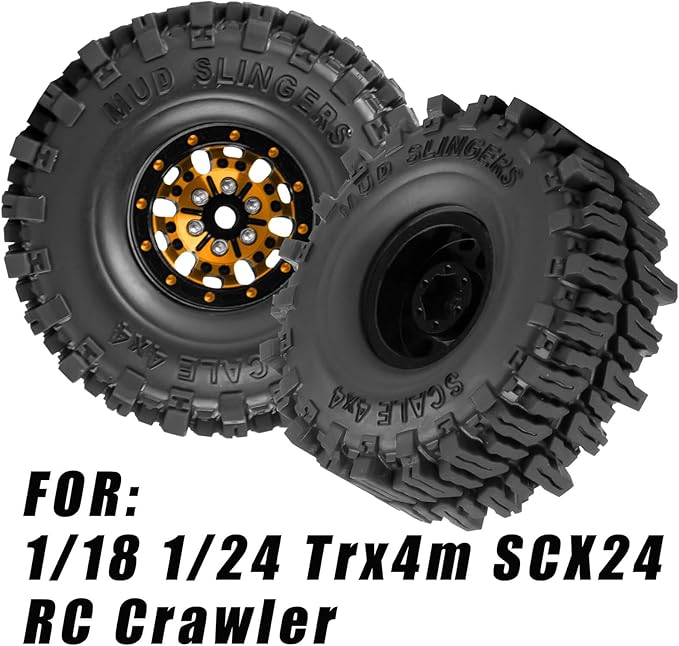 1.0 RC Wheels RC Truck Tires for 1/18 1/24 TRX4M,SCX24,FCX24 RC Crawler,Alloy 1.0‘’ Beadlock RC Truck Tires RC Wheels (4pcs Gold)
