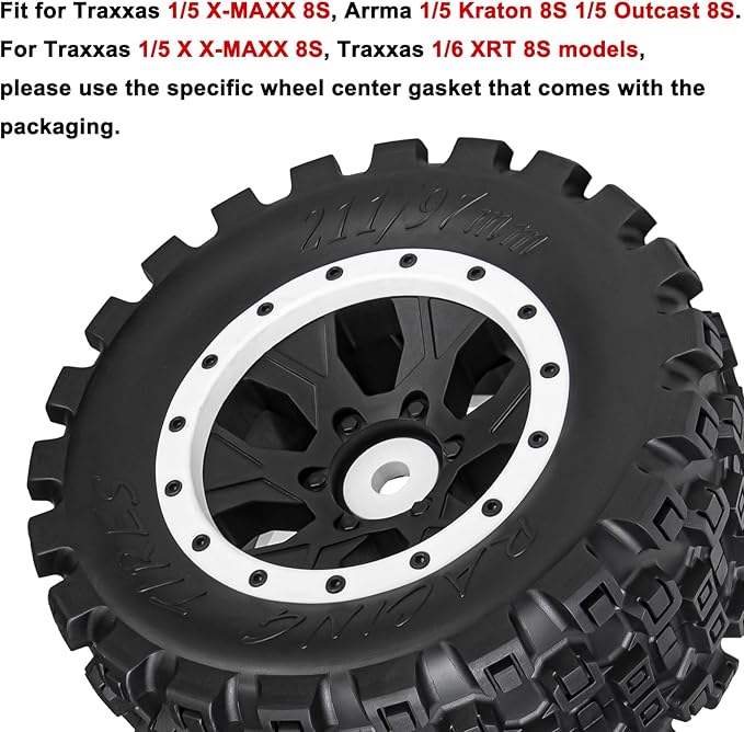 1/5 RC Tires and Wheels for Traxxas 1/5 X-MAXX 8S Arrma 1/5 Kraton 8S 1/5 Outcast 8S, RC Monster Truck Tires 24mm Hex Wheels (4PCS, White)