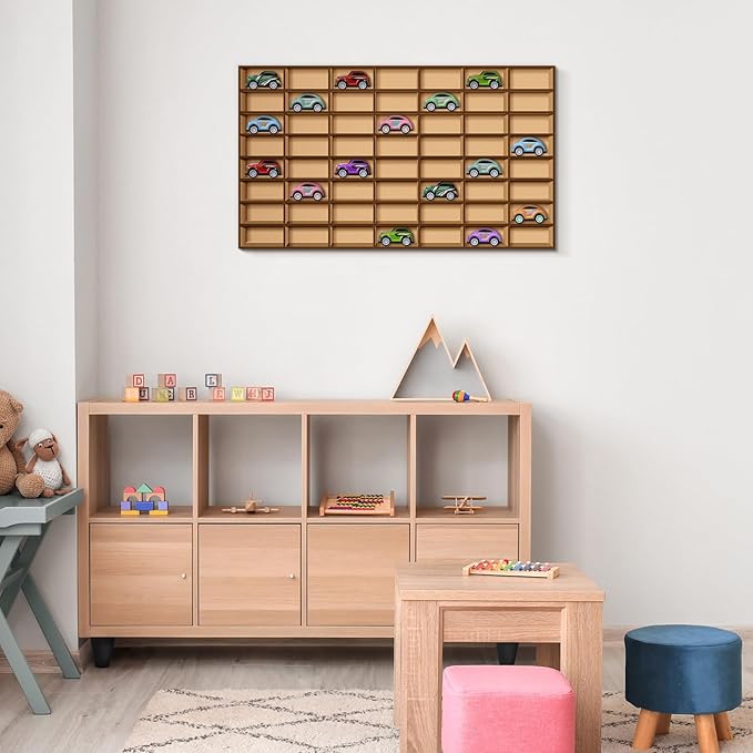 Menkxi 1 Pcs 56 Space Toy Car Display Case Wooden Wheels Shelf Wall Mounted Toy Car Storage Car Display Shelf Birthday Gift for Cars, Collectibles, Toy Figurines, Tiny Dolls, Shot Glasses