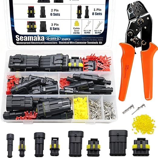 356Pcs Waterproof Electrical Connectors 1/2/3/4 Pin Connector Automotive Wiring Connector Kit Male and Female connectors for Wiring with Ratchet Crimping Tool