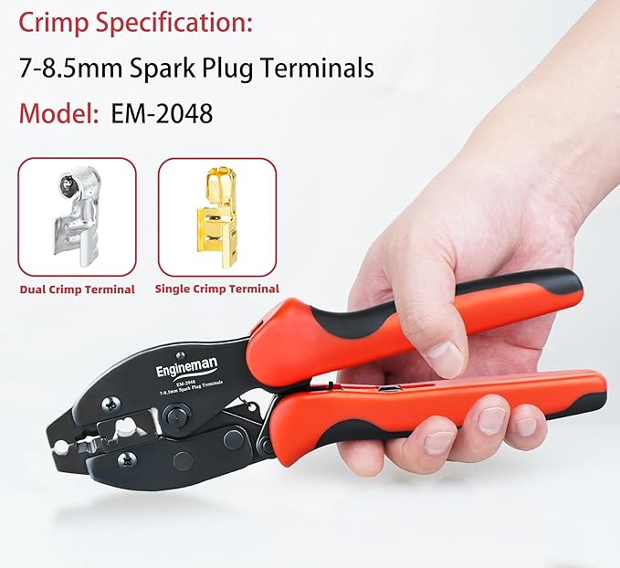 Spark Plug Wire Crimper, Crimping Pliers for Spark Plug Stripping Tool, EM-2048 for Crimping and Stripping Spark Plug Wire, Dia 7.0-8.5mm, Ratchet spark plug wire crimping tool