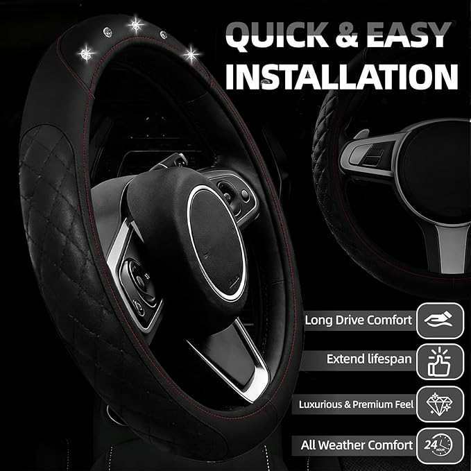 NBTEPEM 6 PCS Bling Car Accessories Set, Leather Steering Wheel Covers Universal 14.5-15 inch, Center Console Cover, Seat Belt Cushion, Cup Holder Coaster (Black)