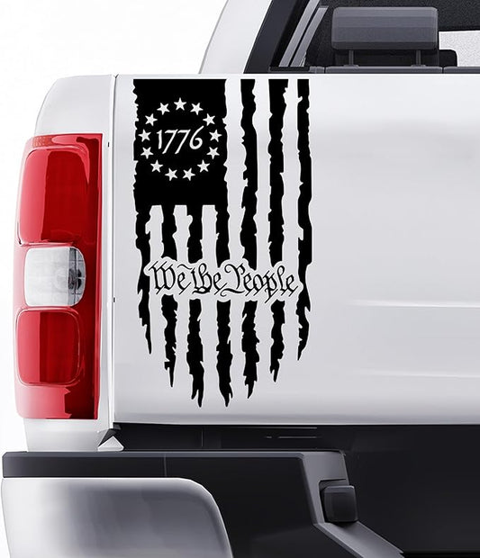 GRITKULTURE We The People Distressed American Flag Decal Vinyl for Trucks, Cars, Tailgate, Windows Preamble of The US Constitution fits Most Pickup Trucks-Rear USA Flag Car Sticker (Black)