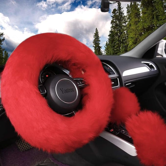 Yontree Fashion Fluffy Steering Wheel Covers for Women/Girls/Ladies Australia Pure Wool 15 Inch 1 Set 3 Pcs (Red)