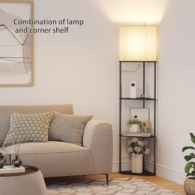 SUNMORY Sector Corner Shelf Lamp 3 Color Temperatures LED Bulb,Corner Lamps with Linen Lampshade, Floor Lamps for Living Room, Bedroom, Study, Black Standing Lamp with Shelves