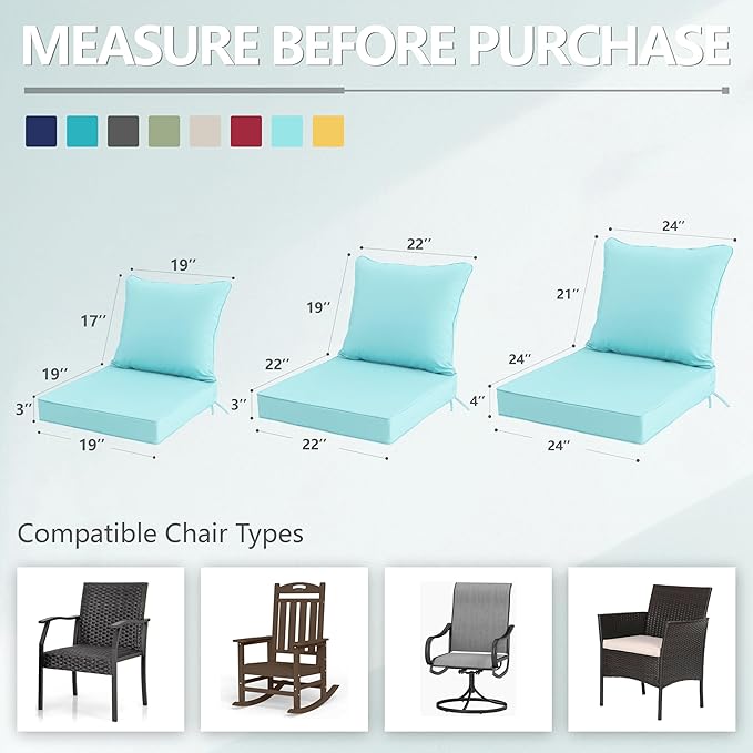 24x24 Inch Outdoor Chair Cushions Set of 4, Patio Furniture Cushions - Removable Cover, Water-Repellent, Fade-Resistant, Non-Slip Bottom & Straps, Replacement for Deep Seat Sofa & Couch - Light Blue