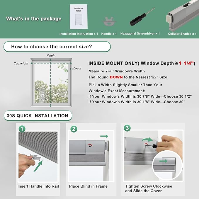Tonature No Drill Cellular Shades for Indoor Windows, Thermal Insulating & Noise Reducing Honeycomb Blinds, Free Stop Cordless Blackout Shades, Grey,72 1/2" W x 64" H