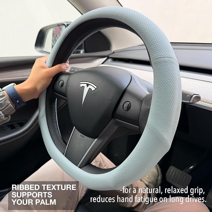 PINCTROT Supported Grip Nappa Leather Steering Wheel Cover for Tesla Model Y/3 Highland/Juniper, D Shaped 14 Inch Small Sized with Breathable Perforation, Flat Bottom 14 Inch(Ice Blue)