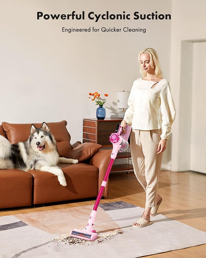 Trucozie Cordless Vacuum Cleaner, 8-in-1 Lightweight Stick Vacuum with 45mins Runtime, Powerful Suction, Vacuum Cleaners for Home, Hardwood Floors, Carpet, Pet Hair, Pink